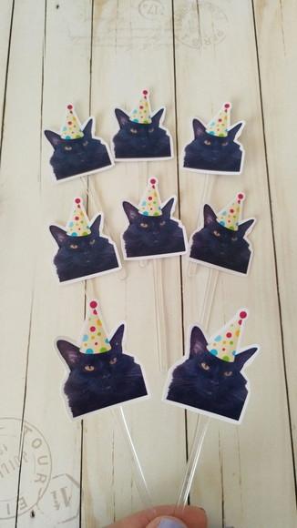 Topper para Docinhos Aniversário Gato com Foto e Chapéu 20un