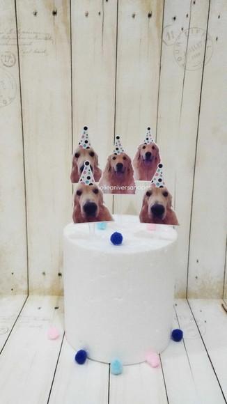 Topper para Docinhos Cachorro com Foto e Chapéu Bolinha 20un