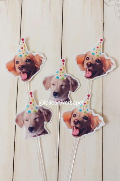 Topper para Docinhos Cachorro com Foto e Chapéu Bolinha 20un