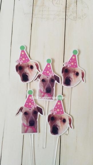 Topper para Docinhos Cachorro com Foto e Chapéu Rosa 20un