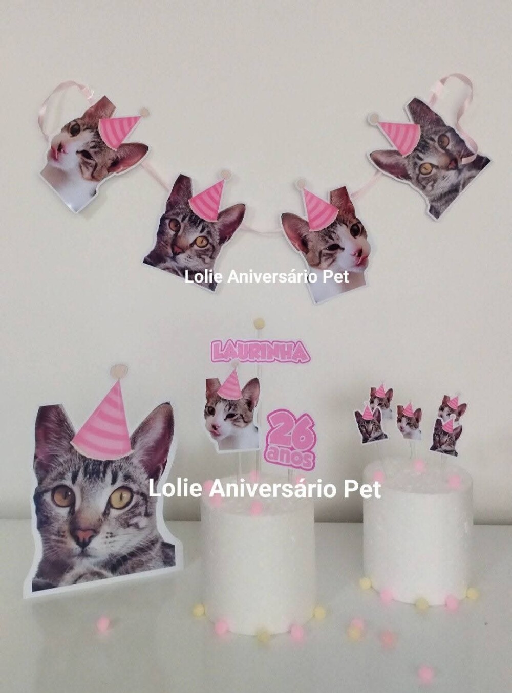 Kit Bandeirola com Foto, Topper e Display com Foto Gato
