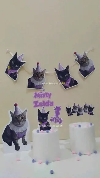 Kit Bandeirola com Foto, Topper e Display com Foto Gato