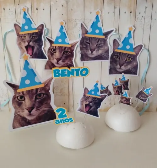 Kit Bandeirola com Foto, Topper e Display com Foto Gato