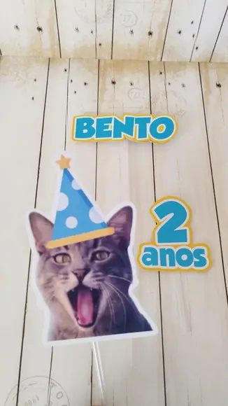 Kit Topper de Bolo Festa Aniversário Gato Bento com Foto