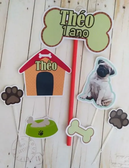 Kit Topper de Bolo Festa Aniversário Pet Pug com Foto