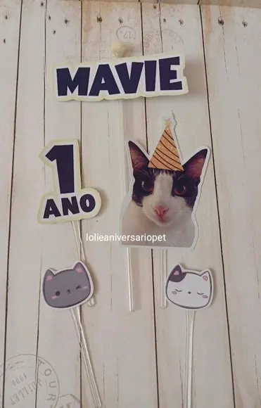 Topper para Bolo Aniversário Pet Gato Mia