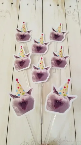 Topper para Docinhos Aniversário Gato com Foto e Chapéu 20un