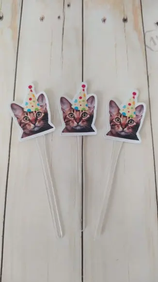 Topper para Docinhos Aniversário Gato com Foto e Chapéu 20un
