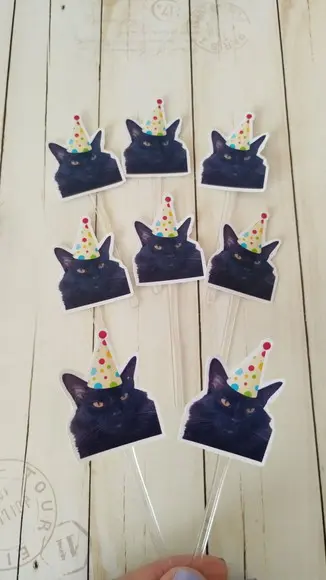 Topper para Docinhos Aniversário Gato com Foto e Chapéu 20un