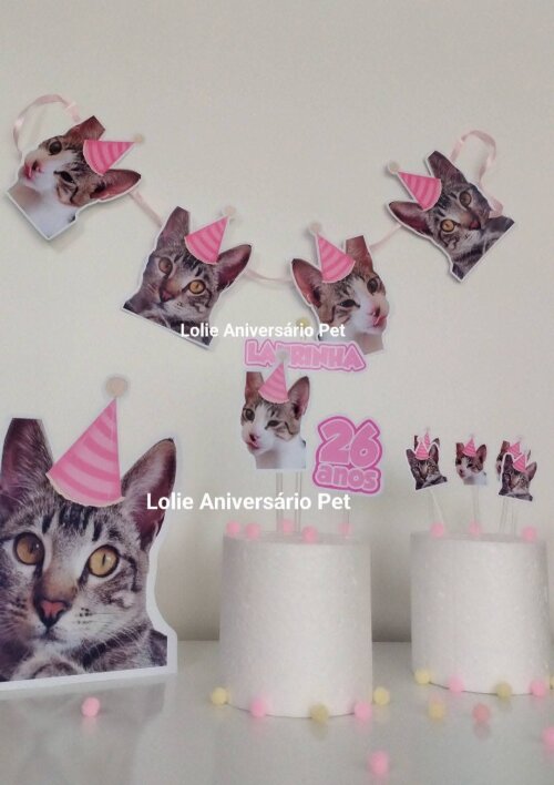 Kit Bandeirola com Foto, Topper e Display com Foto Gato