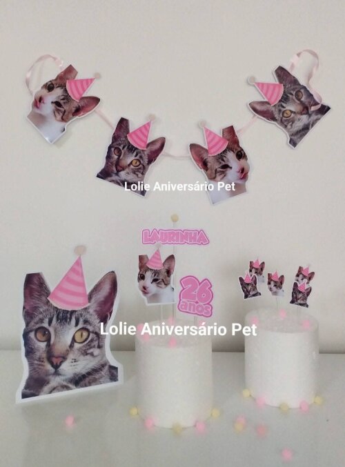 Kit Bandeirola com Foto, Topper e Display com Foto Gato