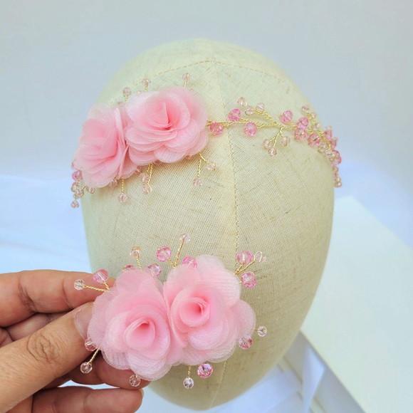 Kit Infantil Sofia Tiara e Presilha com Flores Rosa