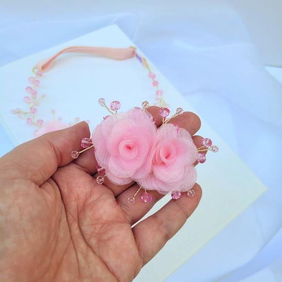 Kit Infantil Sofia Tiara e Presilha com Flores Rosa