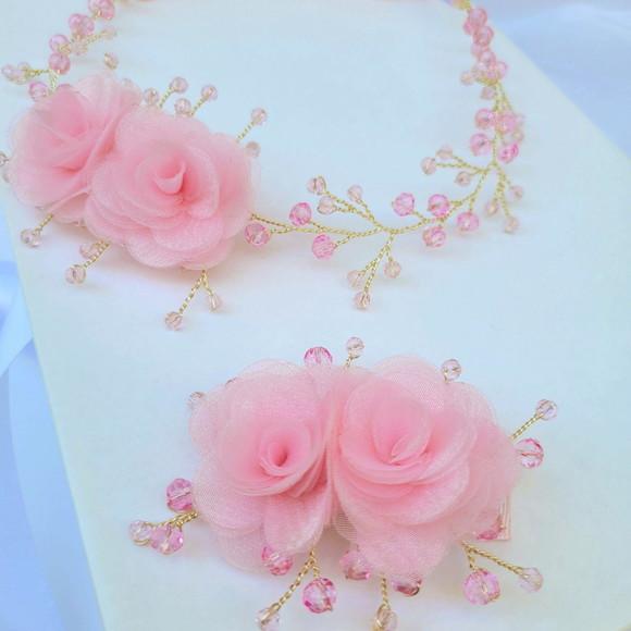 Kit Infantil Sofia Tiara e Presilha com Flores Rosa