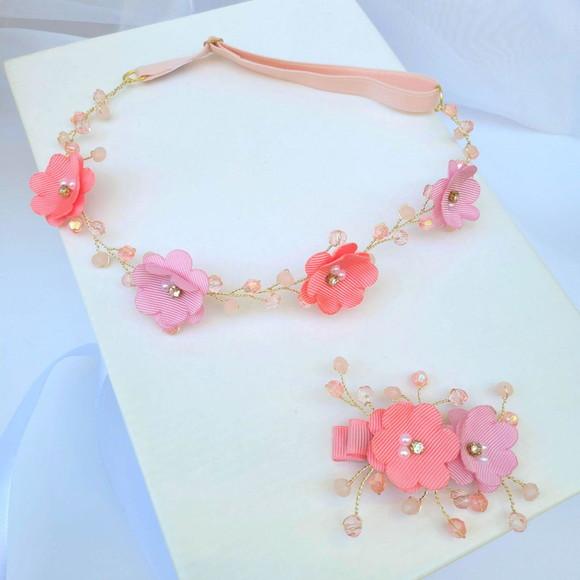 Kit Tiara e Presilha Infantil Emanuella Aramada com Flores