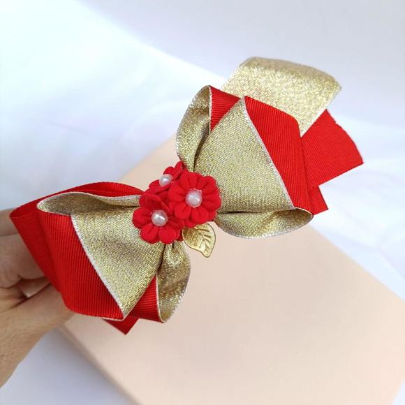 Tiara Arco Eduarda com Laço Vermelho e Dourado