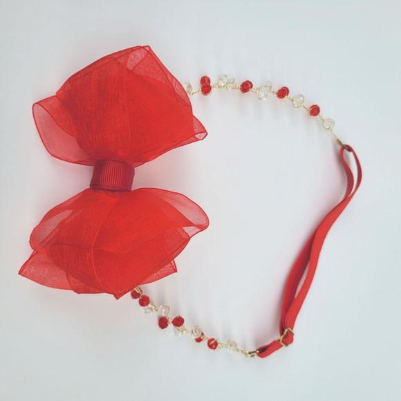 Tiara Infantil Eloá Aramada com Laço Organza Vermelha