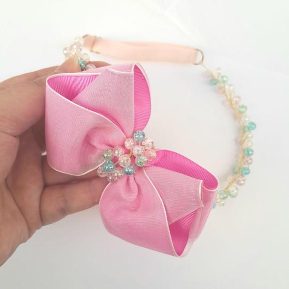Tiara Infantil Helena Aramada com Laço Rosa