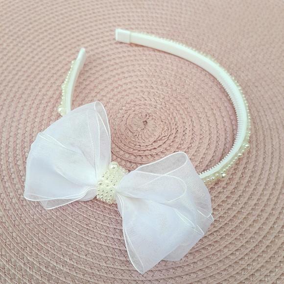 Tiara Infantil Lara Arco de Pérola e Laço de Organza Branco
