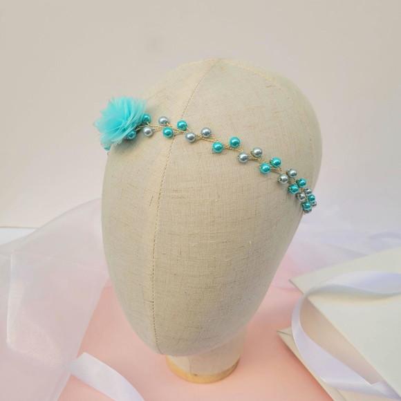 Tiara Infantil Luiza Aramada com Flor de Organza Azul