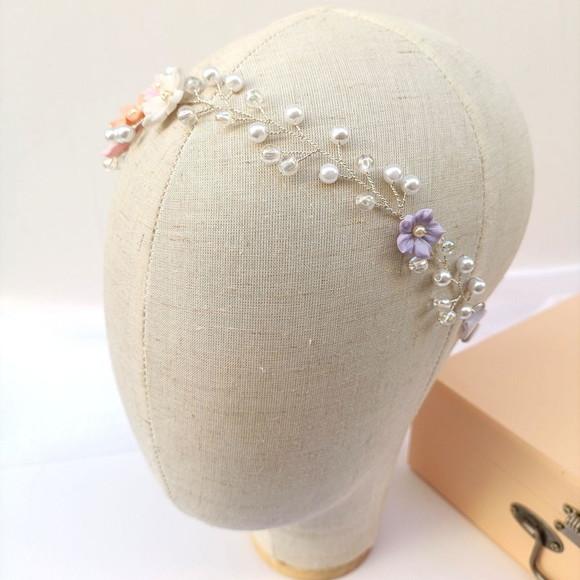 Tiara Infantil Zoe Aramada com Pérolas e Flores de Biscuit