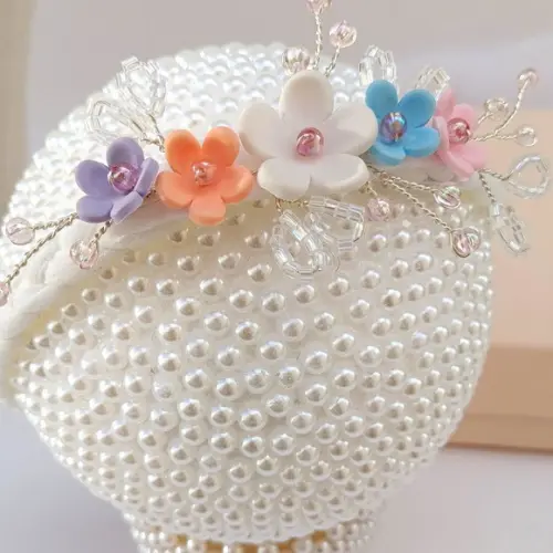 Faixa Betina Bebê Recém Nascido com Flores de Biscuit