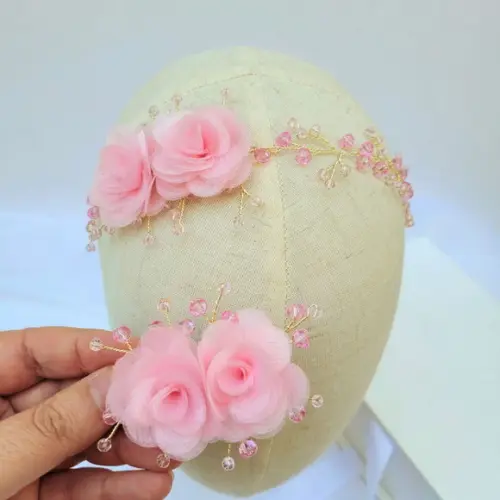 Kit Infantil Sofia Tiara e Presilha com Flores Rosa
