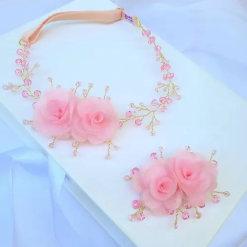 Kit Infantil Sofia Tiara e Presilha com Flores Rosa