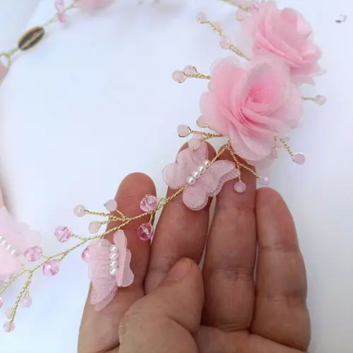 Tiara Infantil Luana Aramada com Flores e Borboletas