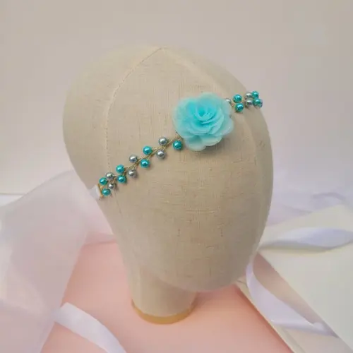 Tiara Infantil Luiza Aramada com Flor de Organza Azul