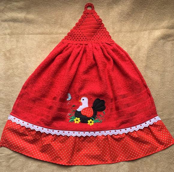 Bate Mão Bordado Galinha Vermelho Bolinhas Brancas