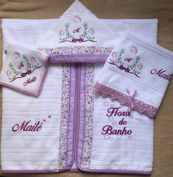Kit Enxoval Bebê Personalizado Bordado Floral Lilás