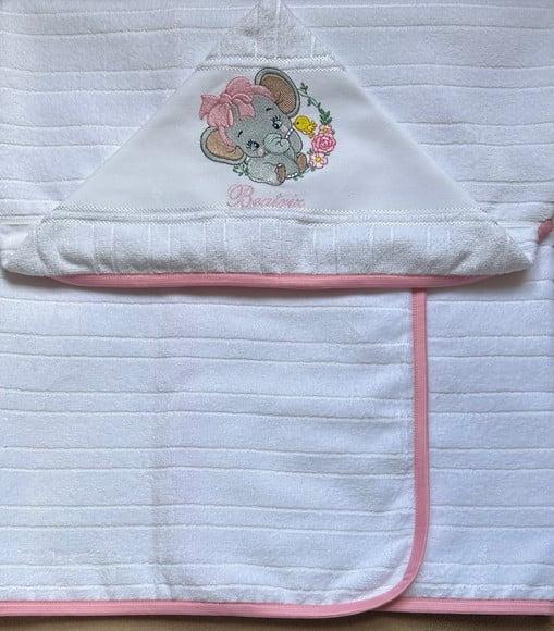 Toalha de Banho Infantil com Capuz Bordada Elefantinha