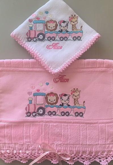 Kit Toalhinha e Fraldas de Boca e Passeio Safari Trem Menina