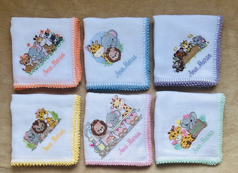 Kit 6 Fraldas de Passeio Bordada Safari Menina