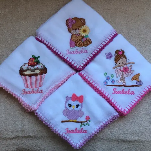 Kit 5 Fraldas de Passeio Personalizadas Acabamento em Crochê