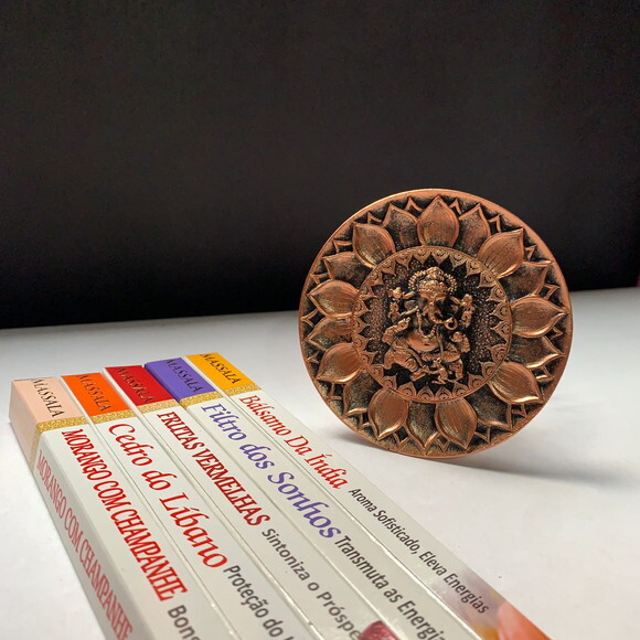 Incensário Prato Bronze Ganesha + 3 Incensos Vareta Sortidos