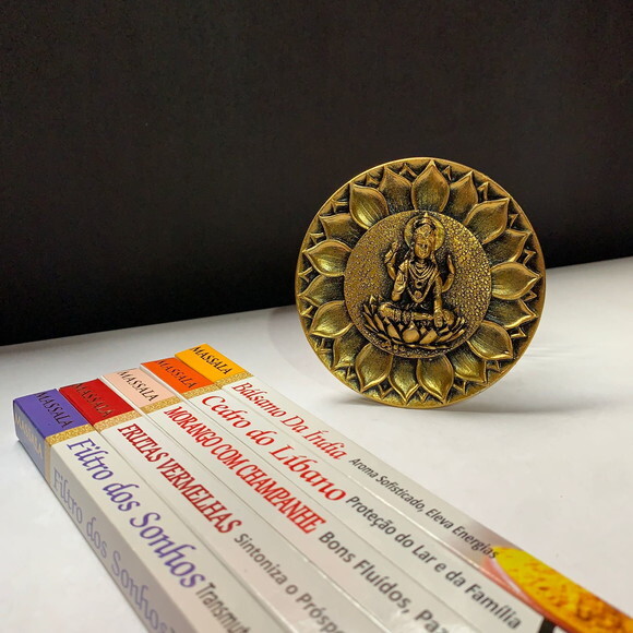 Incensário Prato Dourado Buda + 2 Incensos Vareta Sortidos
