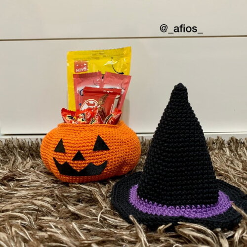 Abóbora Porta Doces e Chapéu de Bruxa em Amigurumi