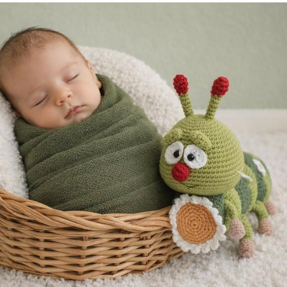 Lagarta Clotilde Sensorial Amigurumi com Chocalho e Buzina