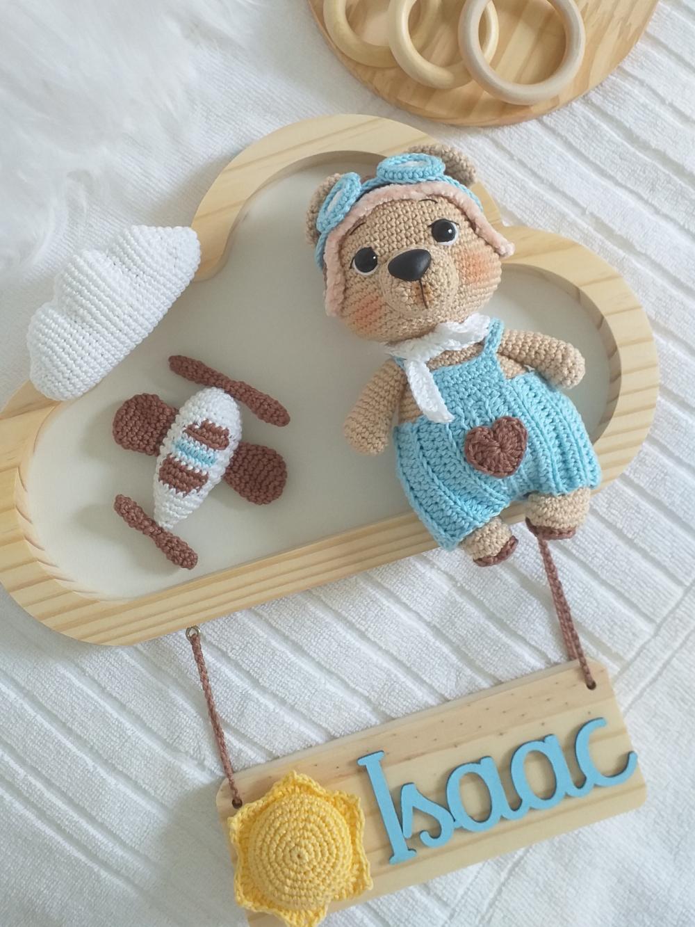 Porta Maternidade Ursinho Aviador Amigurumi Personalizado