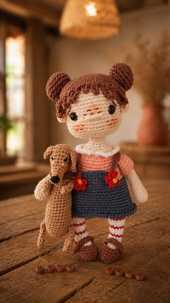 Boneca Zefa e Cachorrinho Bené Amigurumi