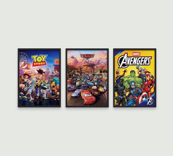 Conjunto de 03 Quadros Disney Carros, Toy Story e Vingadores