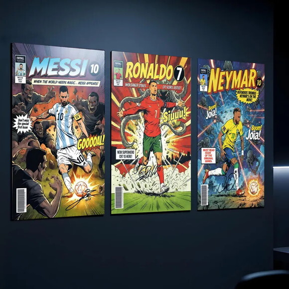 Quadros Futebol em Quadrinhos com Messi, Ronaldo Neymar