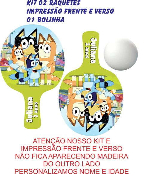 Raquete de Ping Pong Bluey Bingo Frente e Verso Kit 02 Unid