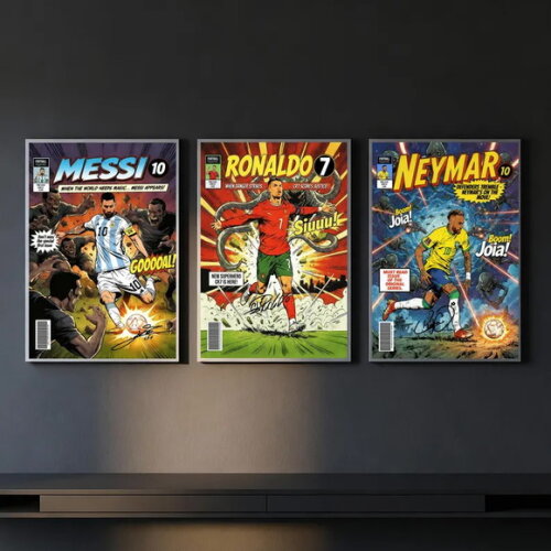 Quadros Futebol em Quadrinhos com Messi, Ronaldo Neymar