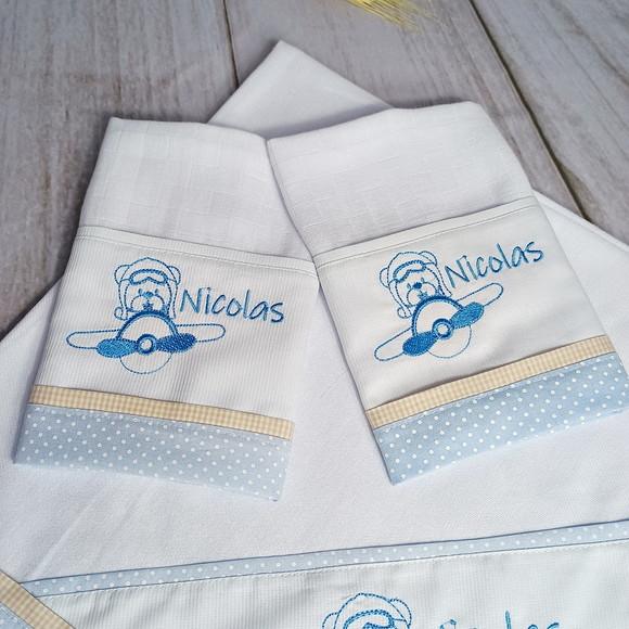 Cueiro de Flanela e Fralda Boca Personalizado Urso Aviador