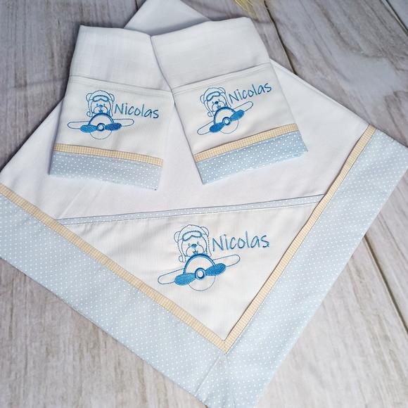 Cueiro de Flanela e Fralda Boca Personalizado Urso Aviador
