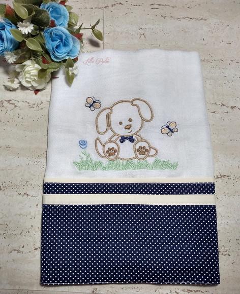 Fralda Passeio Bordada Cachorrinho Azul Marinho e Marfim