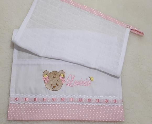 Kit 2 Fraldas de Boca Ursinha com Nome Rosa Menina